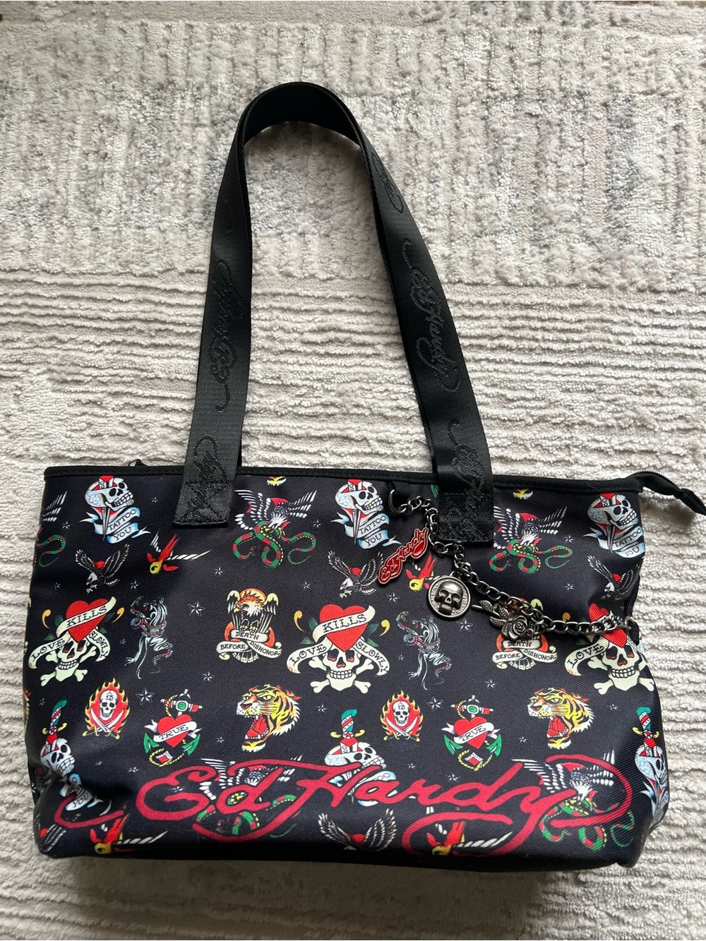 Ed Hardy Black Canvas Tote with Multicolor Tattoo Prints